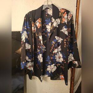 Massini Black Sheer Blouse with Blue, Cream & Orange Floral Print